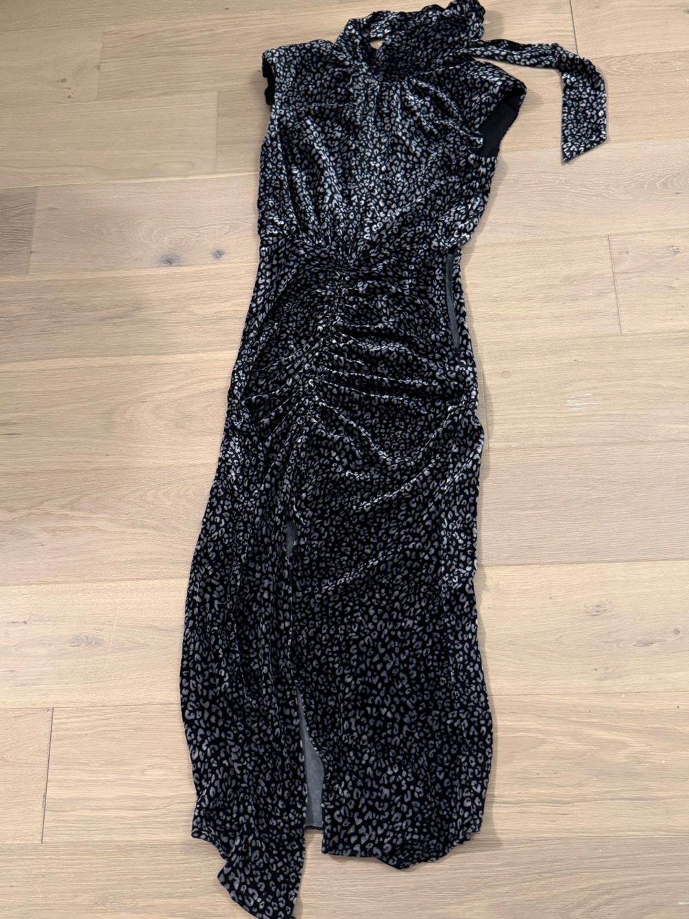 Ramy Brook Black and Silver Leopard Ruched Midi Dress - Picture 4 of 5